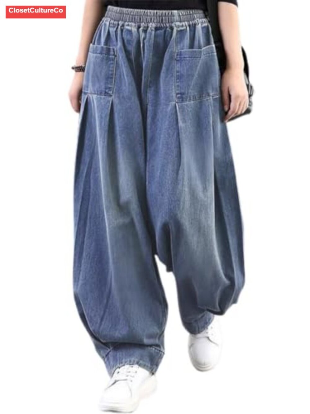 Women's Wide Leg Harem Jeans Pleated Baggy Pull On Denim Pants Casual